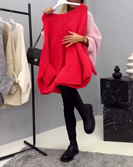 Mote ensfarget flaggermusermet genser med rund hals