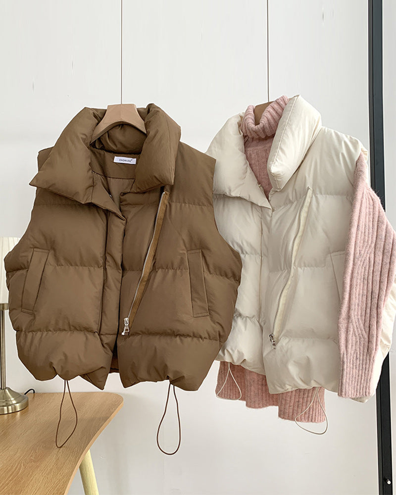 Enkel ensfarget glidelåslomme ermeløs polstret jakke