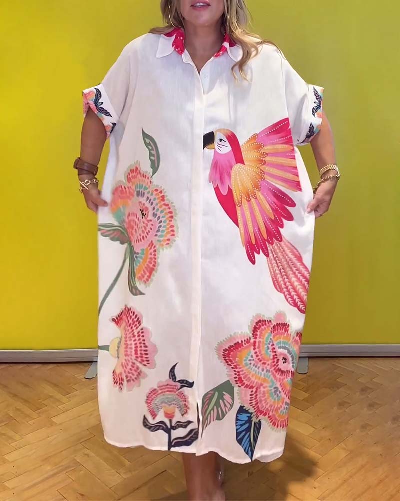 Lang printet kjole med jakkeslag