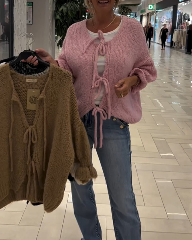 Uformell ensfarget langermet cardigan med snøring