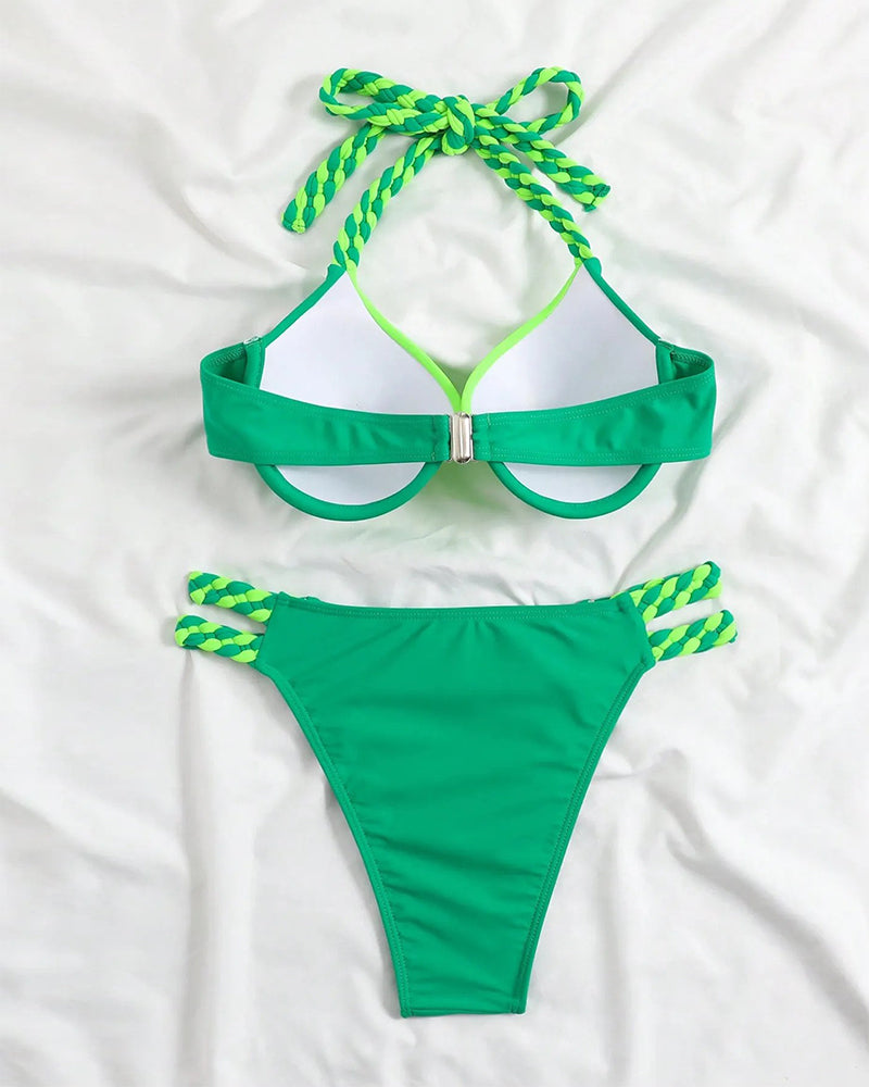 Colorblock halterneck bikinisett