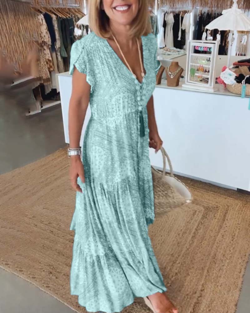 V-hals kjole med delte ermer med ferietrykk