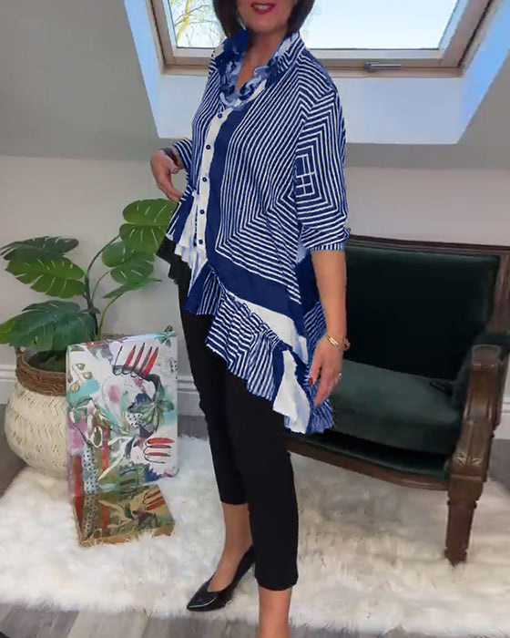 Uregelmessig patchworkskjorte med motetrykt knapp