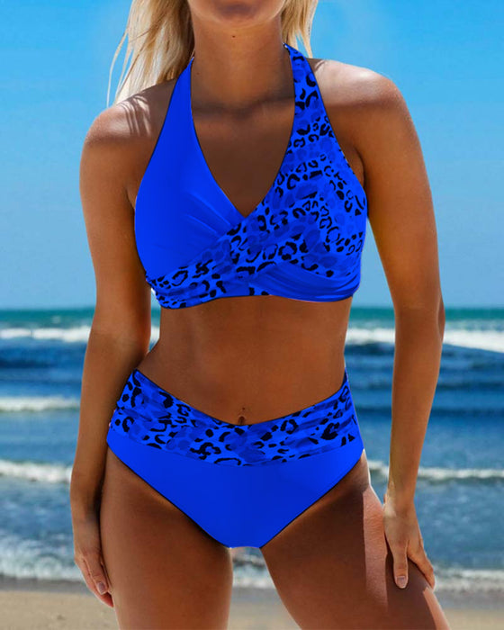 Halterneck bikini med lappeteppe i leopard