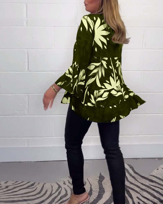 Bluse med klokkeerm med trykk