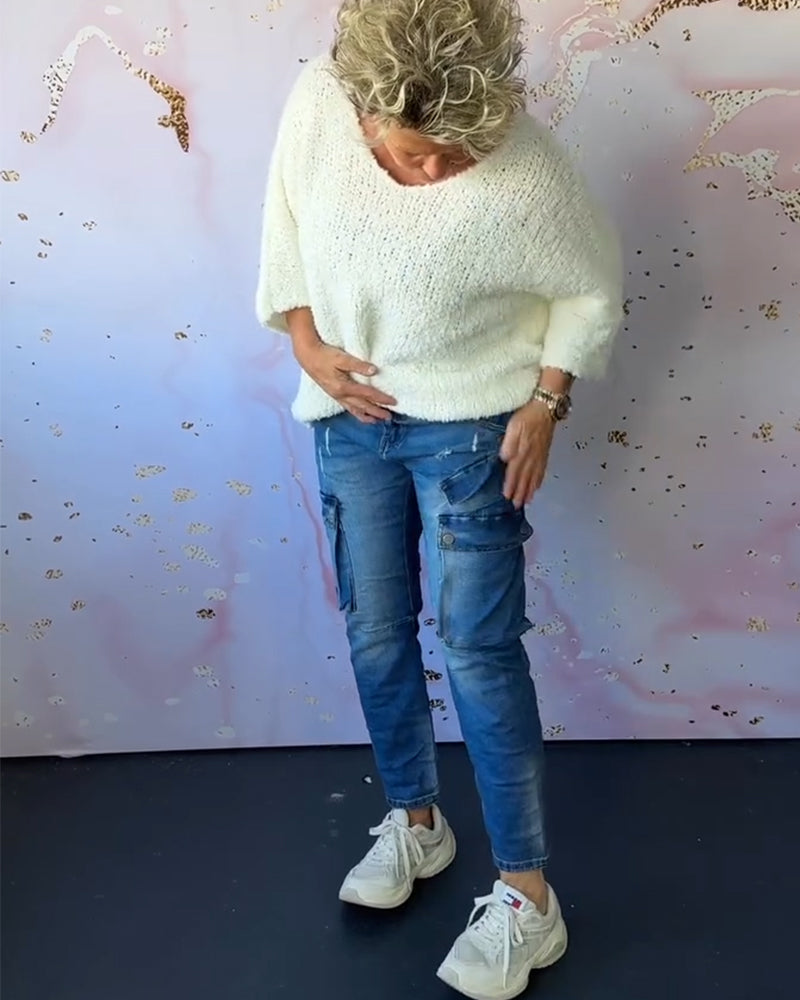 V-hals ensfarget casual genser