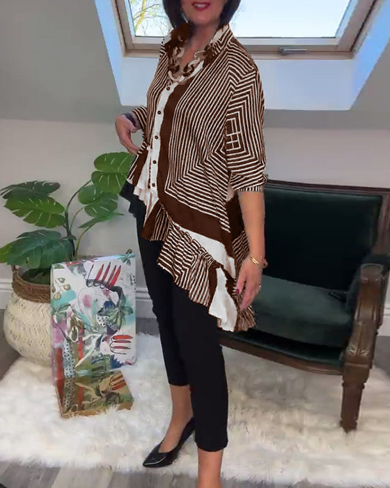 Uregelmessig patchworkskjorte med motetrykt knapp