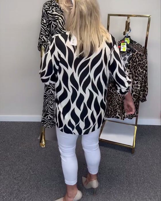 V-hals printet avslappet bluse