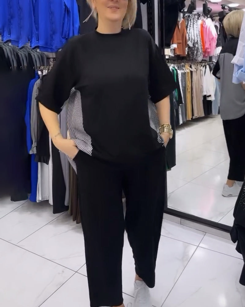 Uformell bluse med lappeteppe av nålestriper