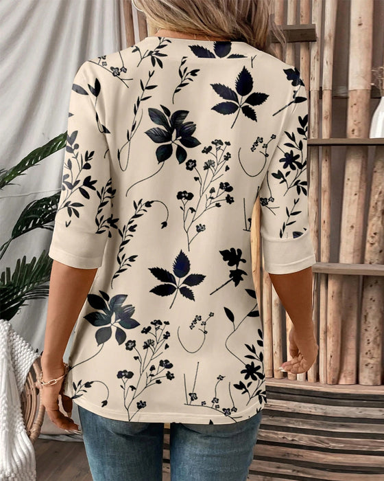 Elegant Falsk To-delt T-skjorte med Blomster-mønster
