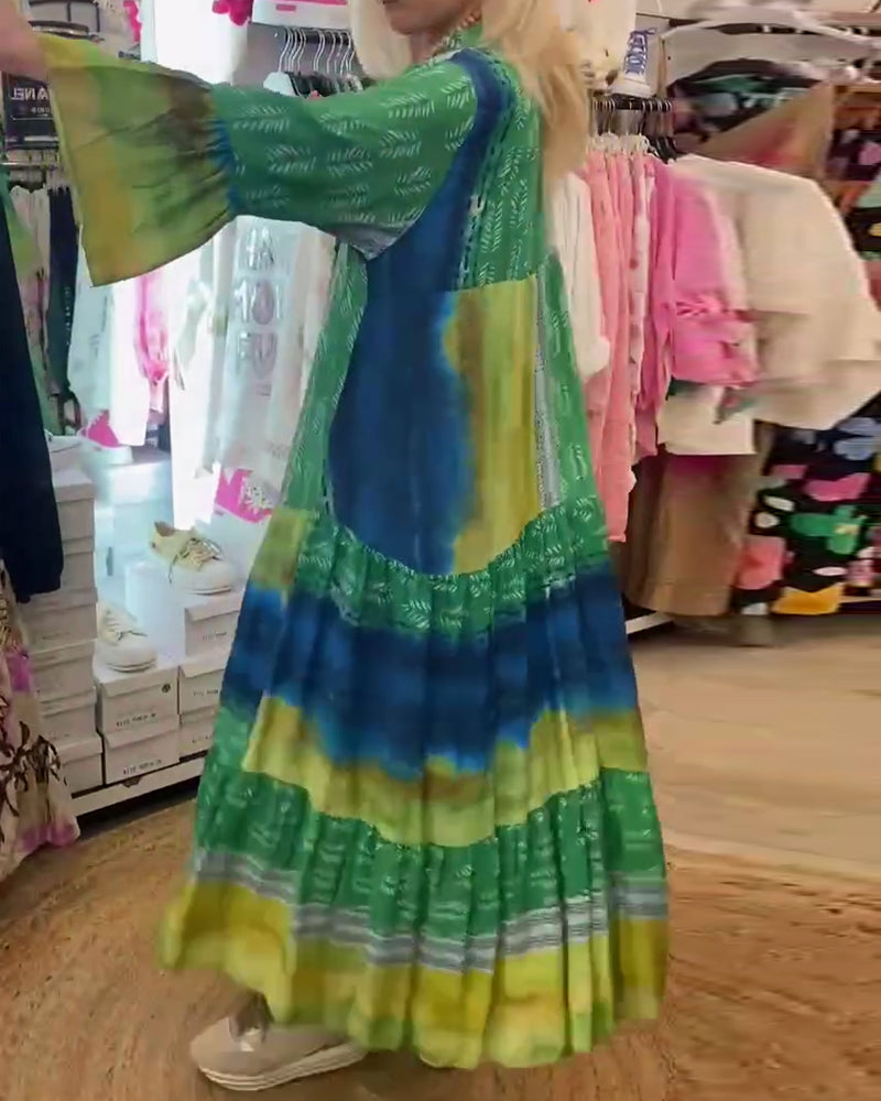 Trykt uformelt V-hals lang kjole med flare ermer