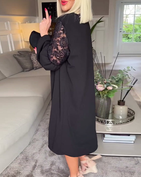 Elegant V-hals, hul langermet kjole med blonder