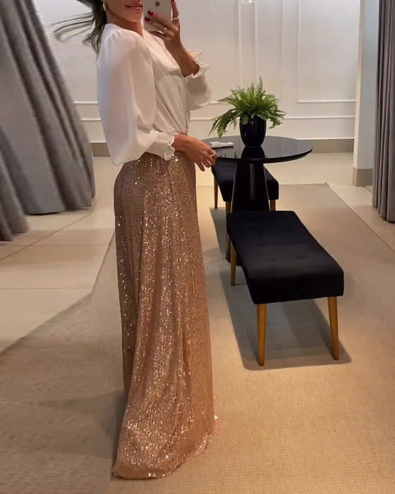 Elegant ensfarget bluse med V-hals med lanterne