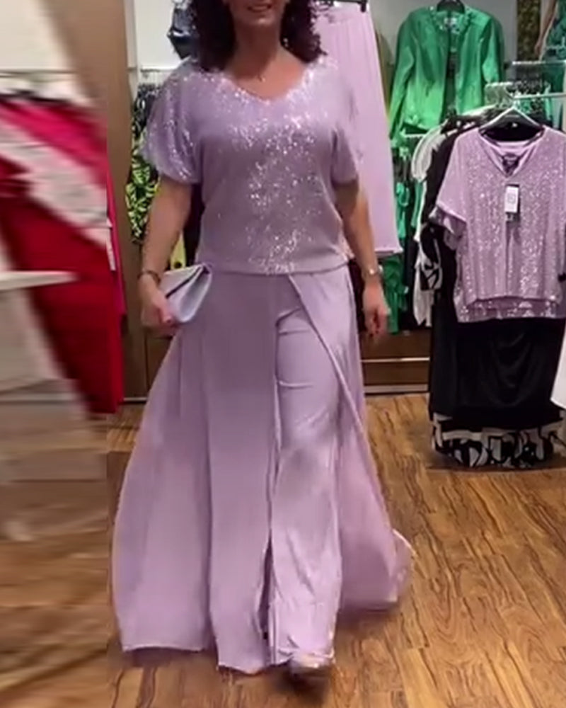 V-hals kortermet løs paljettbluse