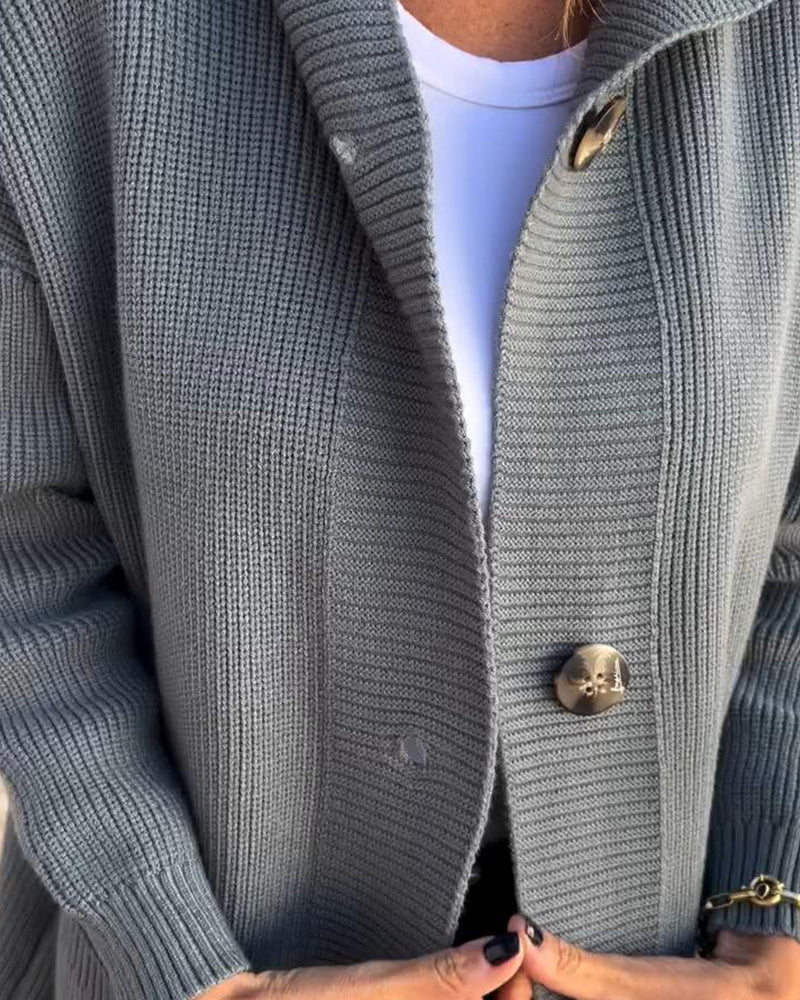 Uformell ensfarget cardigan med hette med knapplomme