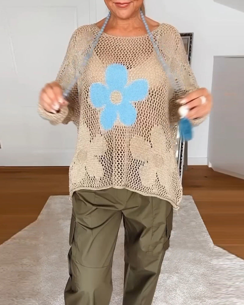 Uformell blomstret genser med lange ermer med rund hals og hul