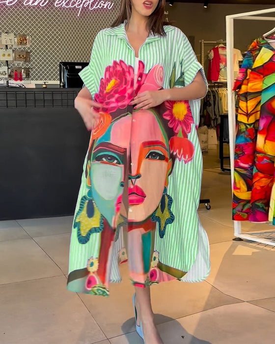 Vertikal stripete jakkeslagsbluse med karaktertrykk