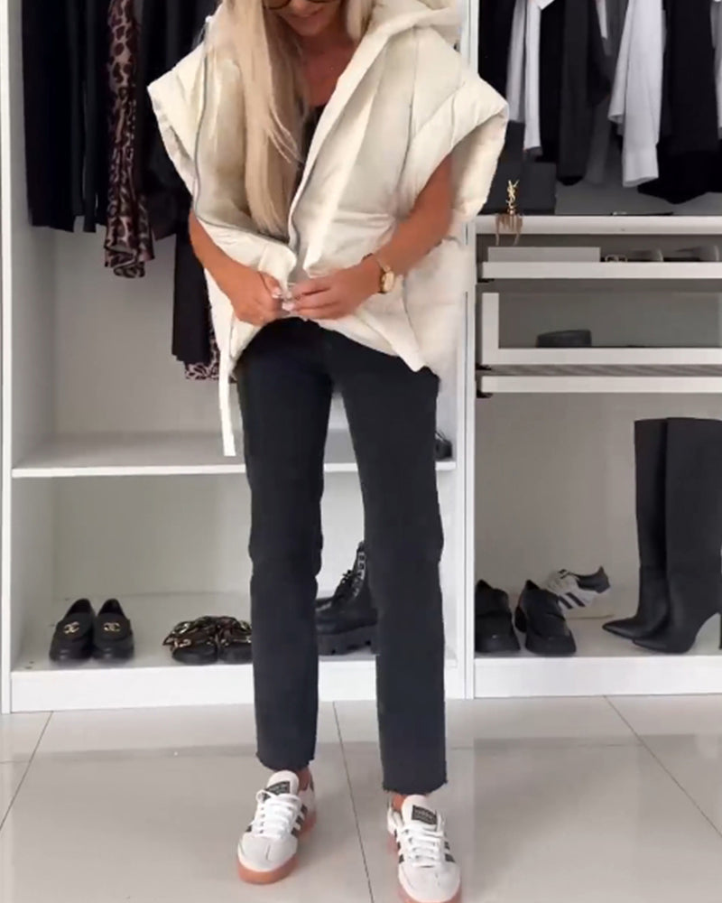 Hette, ensfarget glidelås, polstrede jakker med korte ermer