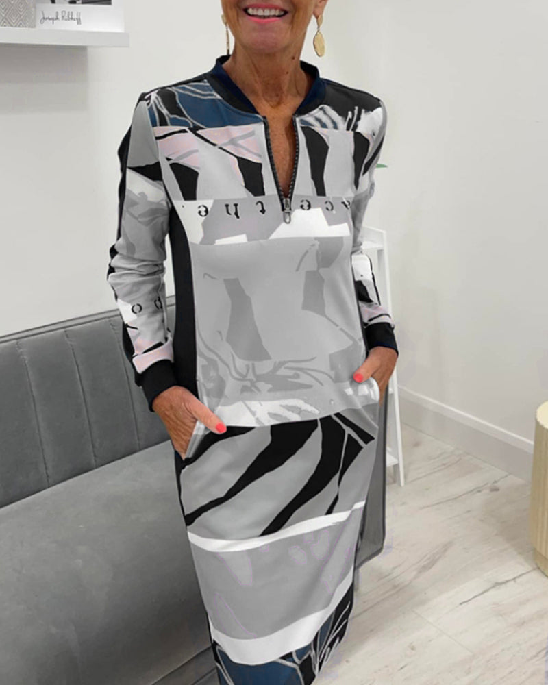 Langermet lomme med glidelås i fargeblokkkjole