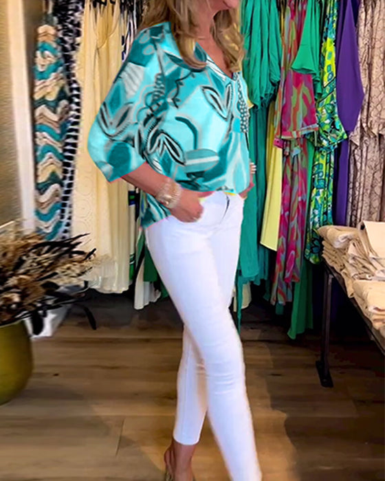 Langermet, løs bluse med trykk