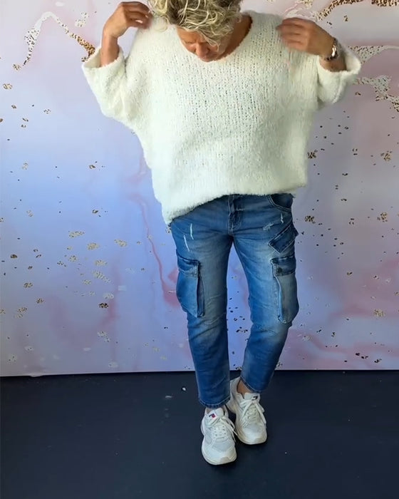 V-hals ensfarget casual genser