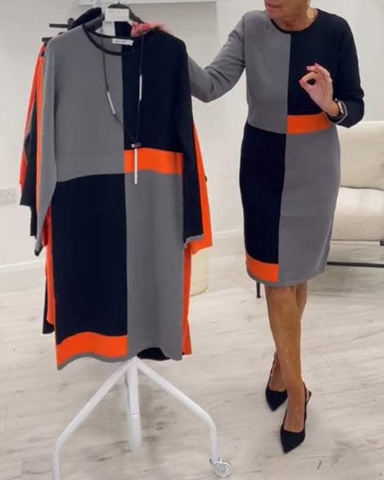 Elegant kjole med rund hals og fire kvadratisk farge