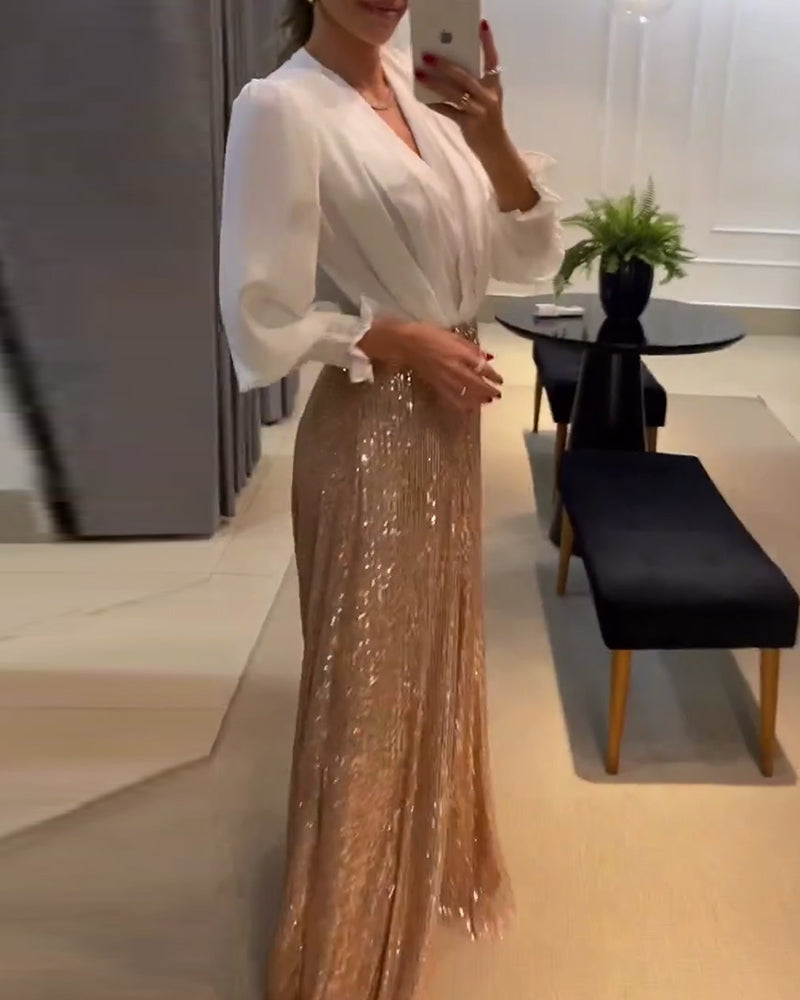 Elegant ensfarget bluse med V-hals med lanterne