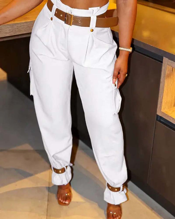 Ensfarget lomme casual cargo bukser