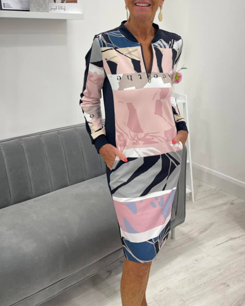 Langermet lomme med glidelås i fargeblokkkjole