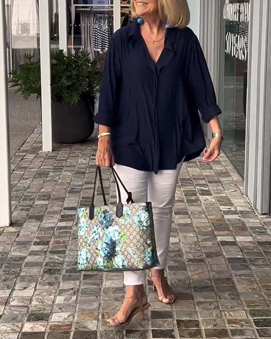 Lapel ensfarget løs bluse