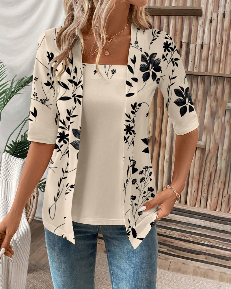 Elegant Falsk To-delt T-skjorte med Blomster-mønster