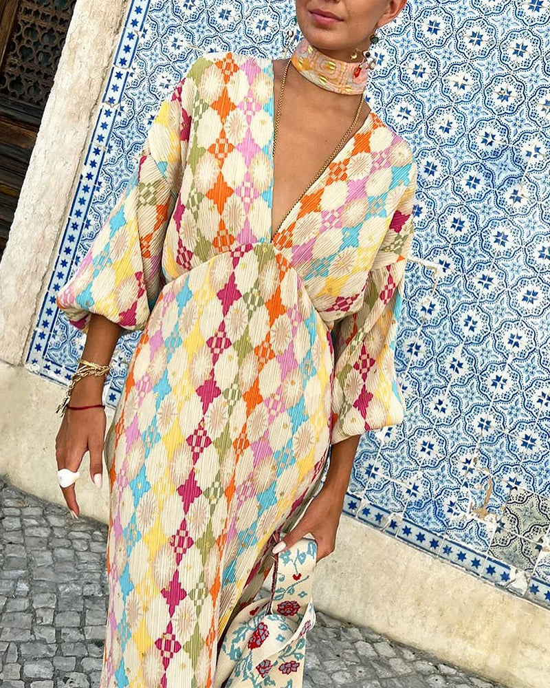 V-hals lanterne ermer geometrisk print elegant kjole