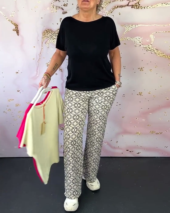 Ensfarget casual T-skjorte med rund hals