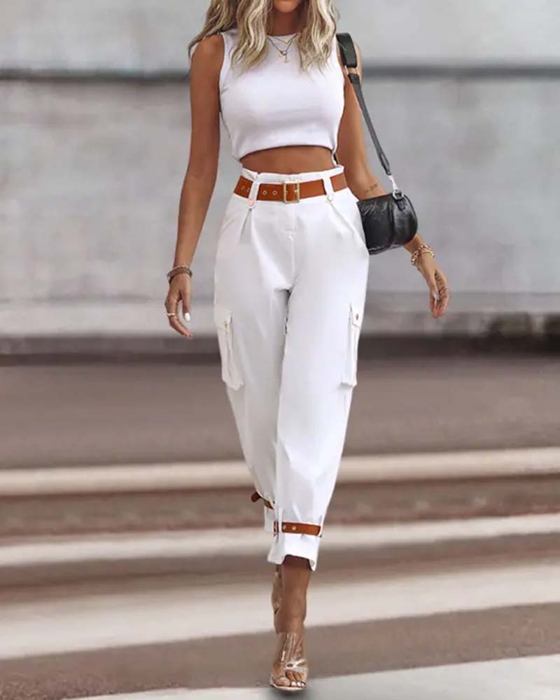 Ensfarget lomme casual cargo bukser