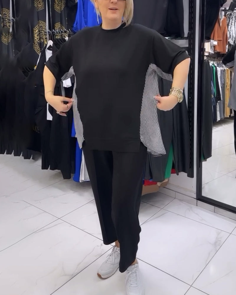 Uformell bluse med lappeteppe av nålestriper