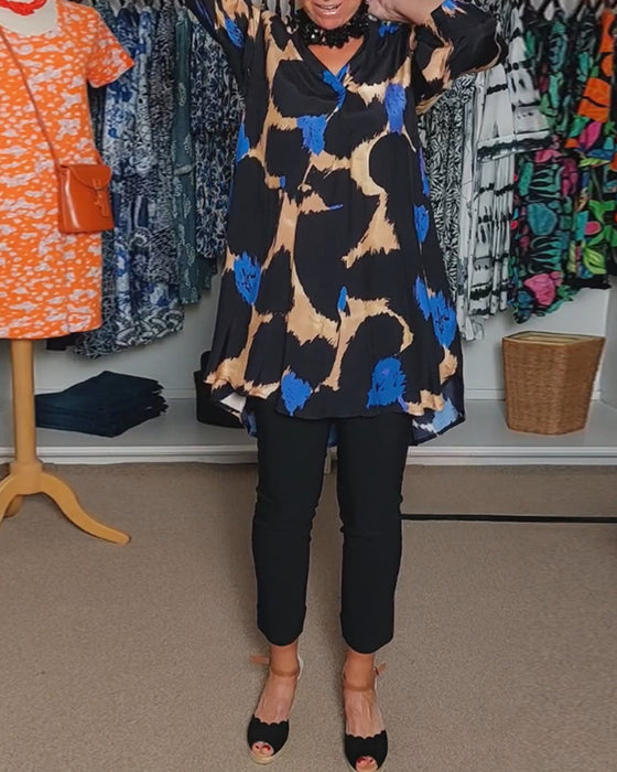 V-hals avslappet langermet bluse i kontrastfarge