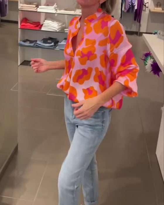 Printet V-hals lanterne ermet casual topp