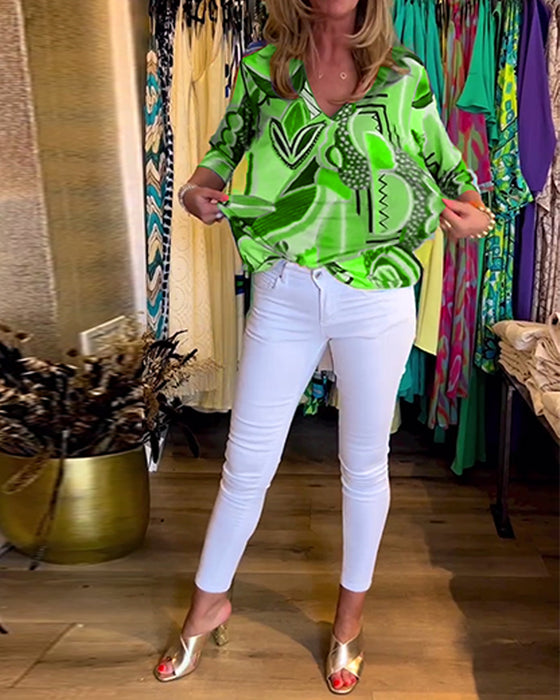 Langermet, løs bluse med trykk