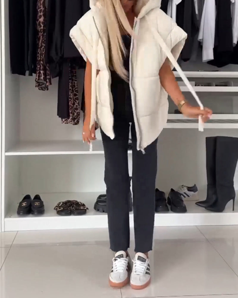 Hette, ensfarget glidelås, polstrede jakker med korte ermer