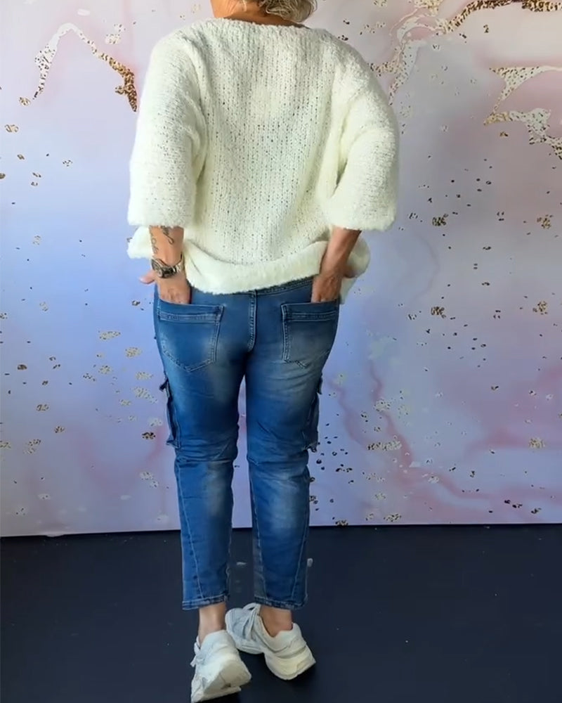 V-hals ensfarget casual genser
