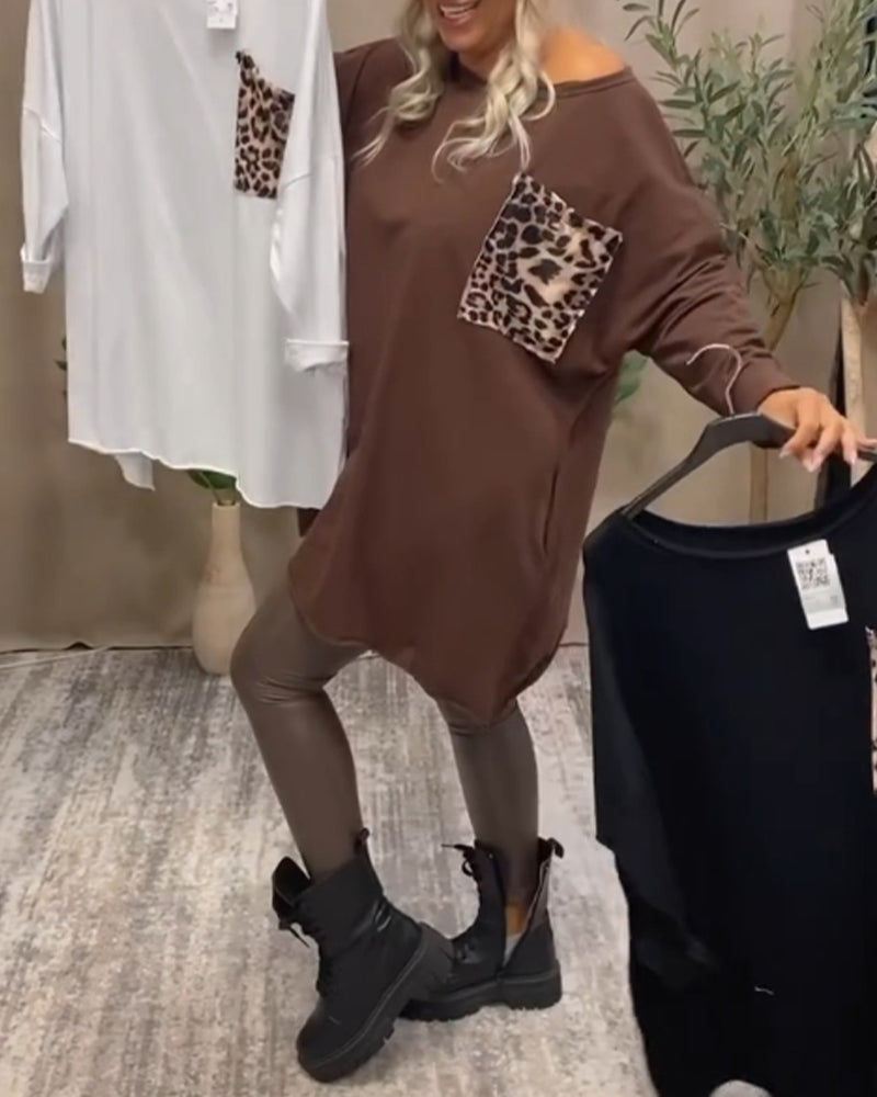 Uformell topp med lange armer i leopardmønster med rund hals