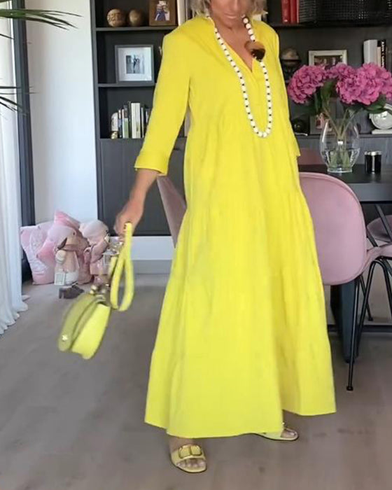 Uformell ensfarget kjole med jakkeslagslomme og patchwork