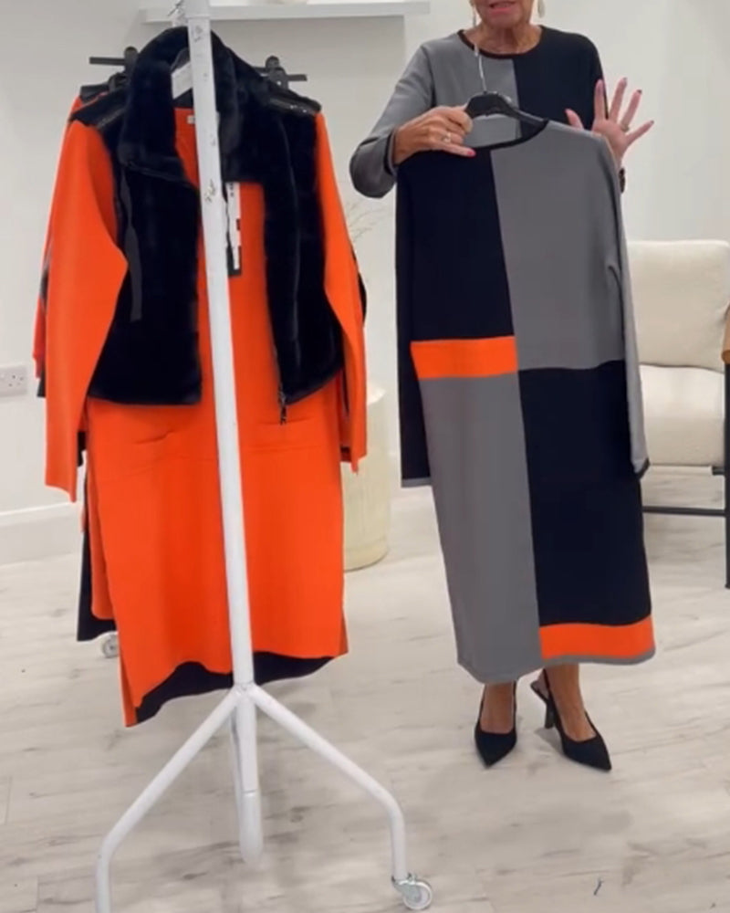 Elegant kjole med rund hals og fire kvadratisk farge