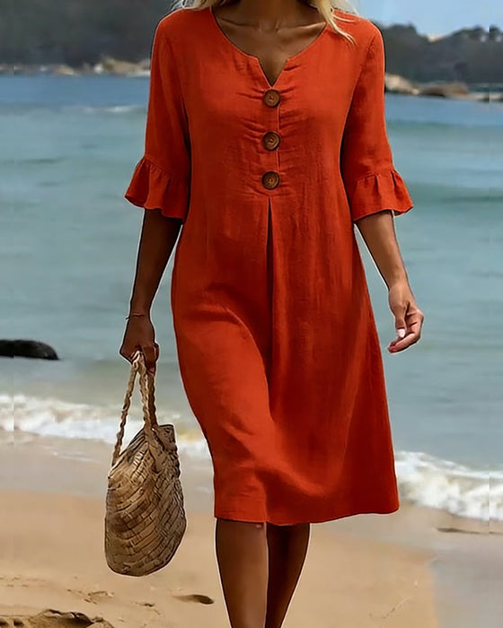 Robe Bouton Manche Volanté Coton-Lin