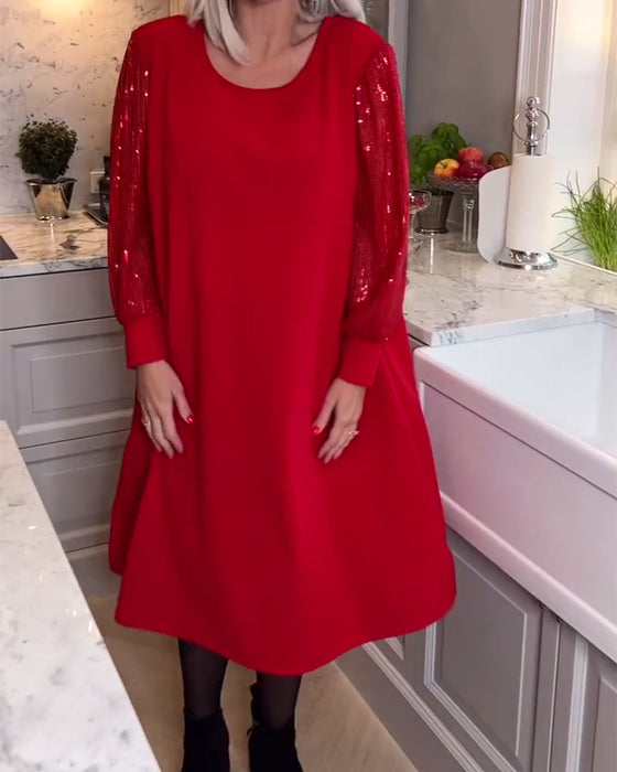 Fasjonabel ensfarget langermet kjole med paljettpatchwork