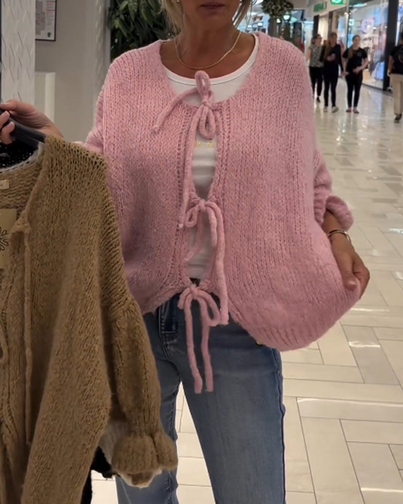 Uformell ensfarget langermet cardigan med snøring