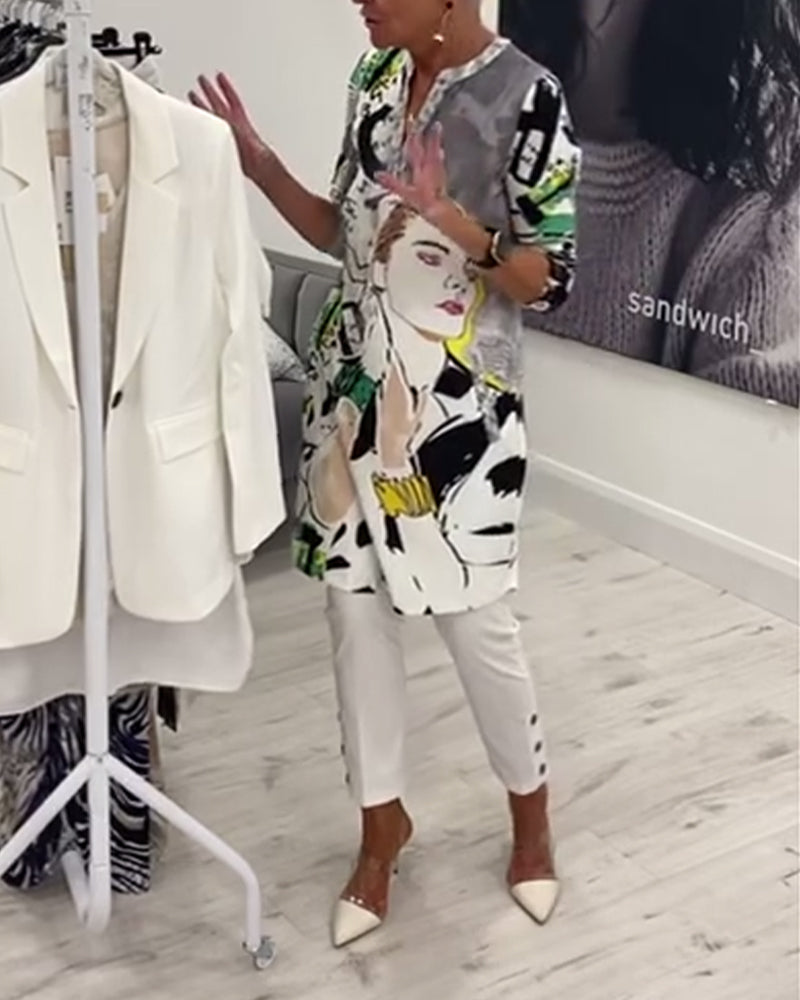 Uformell lang topp med karaktertrykkknapp