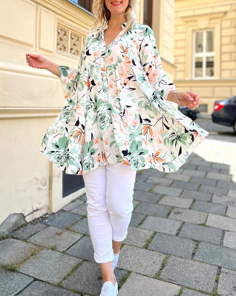 Blomstret elegant bluse med V-hals