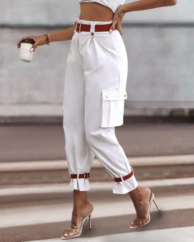 Ensfarget lomme casual cargo bukser