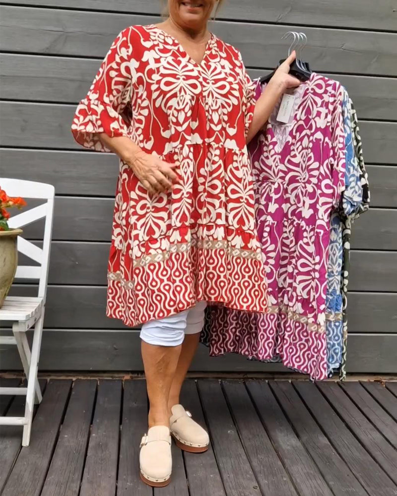 V-hals løs trykket bluse